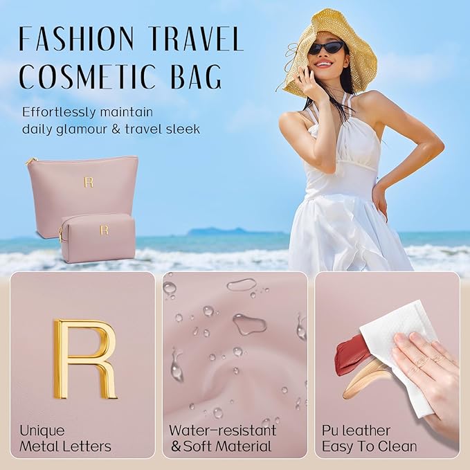 Women Gifts | Initial Makeup Bag Set for Girl Personalized Gifts for Bridesmaid Friend Graduation Teachers PU Leather Cosmetic Travel Toiletry Bag(Pink,R)