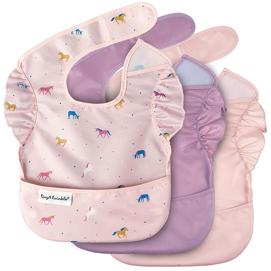 Tiny Twinkle Mess-Proof Baby Bibs for Eating | Waterproof, Wipeable Toddler Bibs with Catch-All Pocket | Feeding Bibs for Girls & Boys(3 Pack,Unicorn Set)