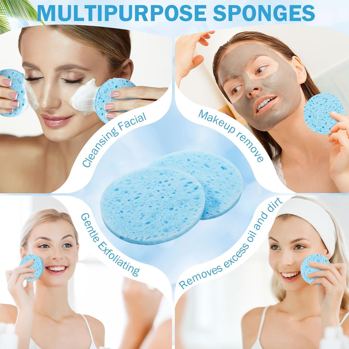 Amyhill 300 Count Compressed Facial Sponges Natural Face Sponges for Cleansing Disposable Facial Exfoliating Pads for Estheticians (Blue)