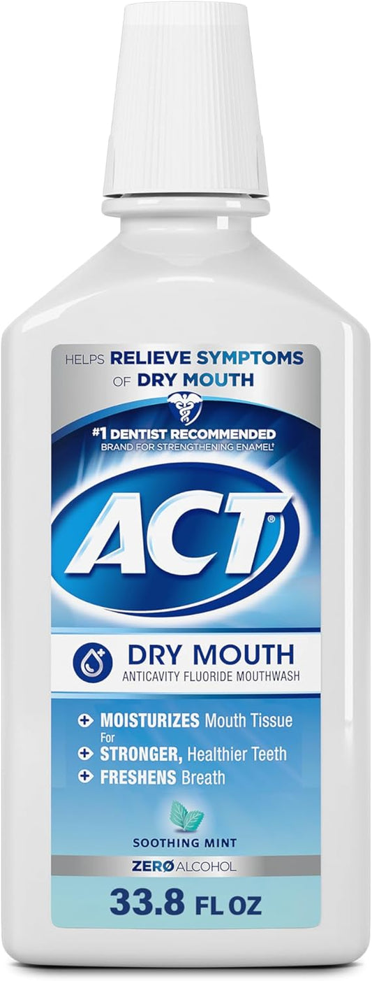 ACT Dry Mouth Anticavity Zero Alcohol Fluoride Mouthwash, Soothing Mint, 33.8 fl. oz.