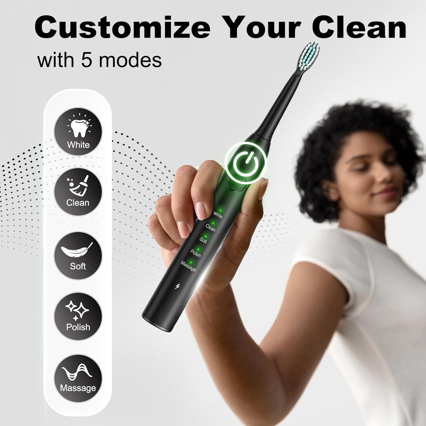 Rechargeable Electric Toothbrush, 8 Brush Heads, with 100 Day Battery Life, 5 Cleaning Modes, Fast Type-C Charging, Comes with Portable Travel Case & Holder, Black