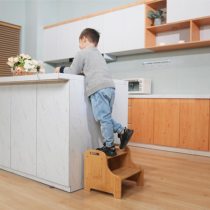 VaeFae Bamboo 2 Step Stool with Non-Slip Step Treads and 2 Cutout Handles