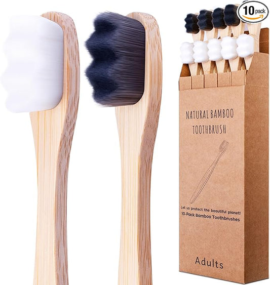 Bamboo Micro-Nano Toothbrushes, Extra Soft Toothbrush with 20000 Bristles Designed for Sensitive Gums Kids Adults (Black White 10P)