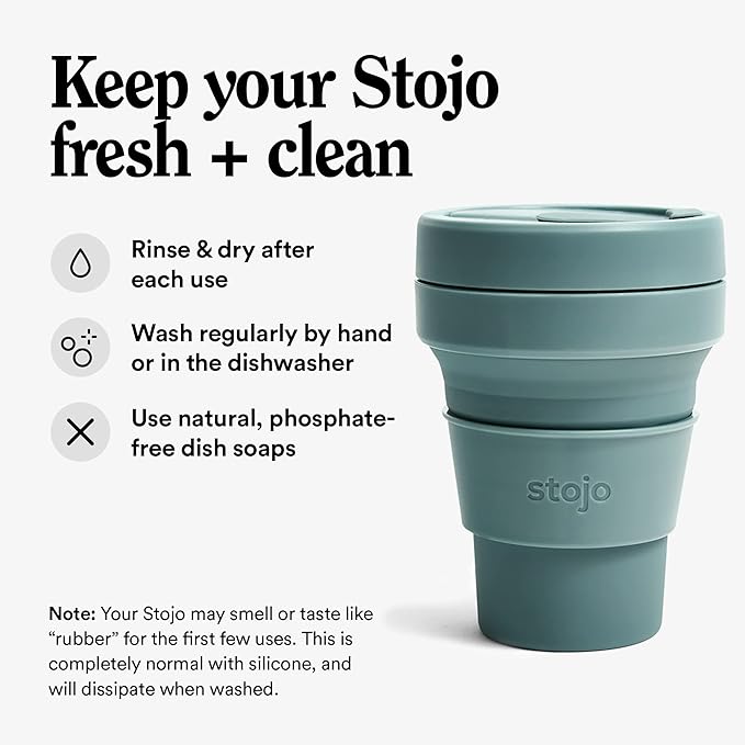 STOJO Collapsible Travel Cup - Reusable To-Go Pocket Size Silicone Bottle for Hot and Cold Drinks - Perfect for Camping - Microwave & Dishwasher Safe (Eucalyptus, 12 Ounce (Pack of 1) - No Straw)