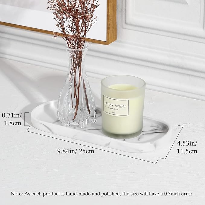 Luxspire Bathroom Vanity Tray Countertop, 10" Marble Tray for Kitchen Counter, Resin Oval Tray for Soap Dispenser and Toilet Tank, Decorative Trays for Perfume, Jewelry, Small, Faux Marble White