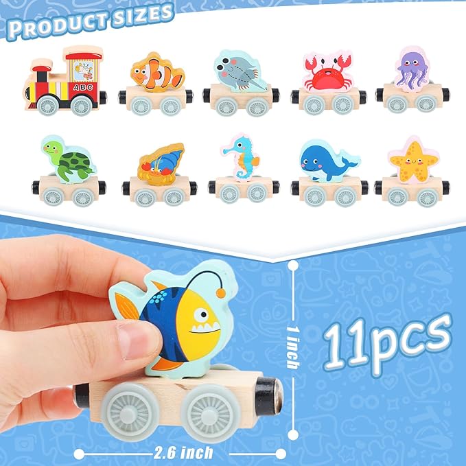 LovesTown Magnetic Wooden Sea Animal Train Set, Montessori Ocean Animal Toys for Kids, Educational Preschool Learning Activities, Toddler Birthday Gifts, 11 PCS
