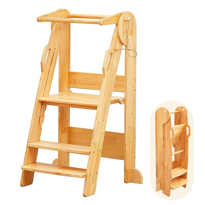 FUNLIO Foldable Montessori Child Standing Tower for Learning, 3 Adjustable Heights Step Stool - Natural