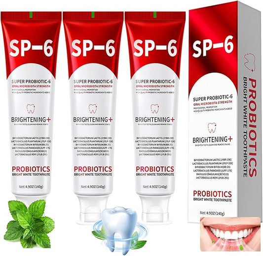 SP-6 Probiotics Whitening Toothpaste, 3 PCS 6 Probiotics Enhanced Formula Brightening Toothpastes for Teeth Whitening and Gum Health, Fluoride-Free, Fresh Breath with Mint Flavor (3 PCS)