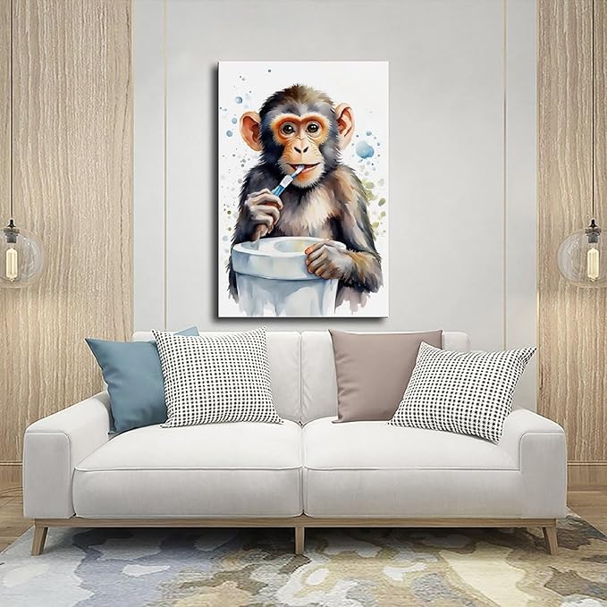KIPNG Cheerful Monkey Hygiene_ Work of A Playful Dental Routine Poster Canvas Poster Bedroom Sports Landscape Office Room Gift Unframe-style20x30inch(50x75cm)