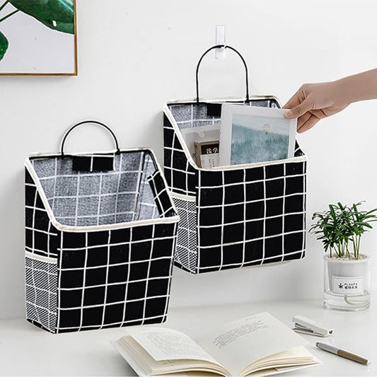 2 Pcs Wall-hanging Storage Bags,Desktop Organizer Basket Cotton Linen Hanging Storage Basket for Kitchen,Bderoom,Living Room (black)