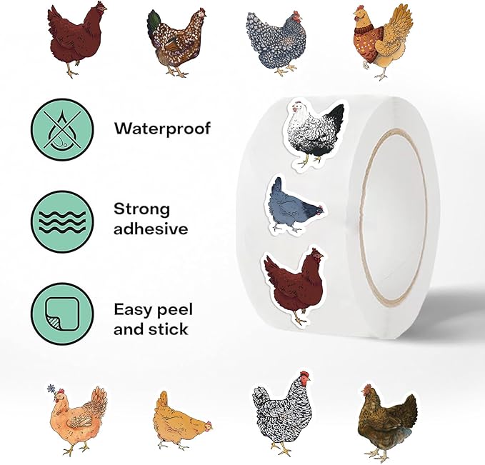 1000PCS Chicken Stickers Roll for Kids, 2 Rolls 10 Styles Cute Hen and Farm Stickers, Waterproof Vinyl Decals for Water Bottles Laptops Scrapbooking Party Favors Classroom Rewards