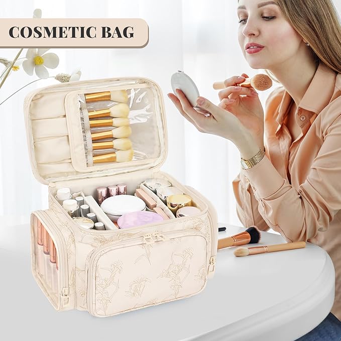 Large Makeup Bag, Portable Travel Makeup Bag Organizer for Women Girls with Makeup Brush Compartment & Two Side Pockets, Cosmetic Travel Bag Vertical Storage Toiletry - Beige