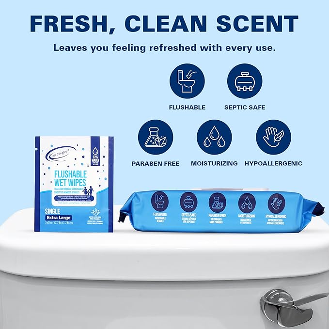 Air Jungles Flushable Wipes Individually Wrapped 50 Ct, with Aloe Vera & Vitamin E, Travel Size Wet Cleansing Wipes for Adult, Fresh Scent, Alcohol Free - XL 7 × 7 in