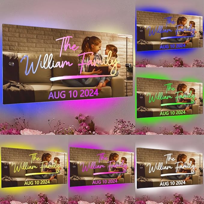 Custom LED Light Up Mirror - Multi Colour Lighting, Personalized Family Name Sign, Wall Decor for Bedroom