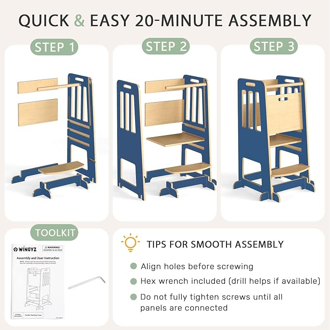 WINGYZ Toddler Kitchen Stool – Adjustable Helper Tower for Kids with Safety Rail, Wooden Standing Step-Up Stool, Sliding Door & Stable Base, Dark Blue