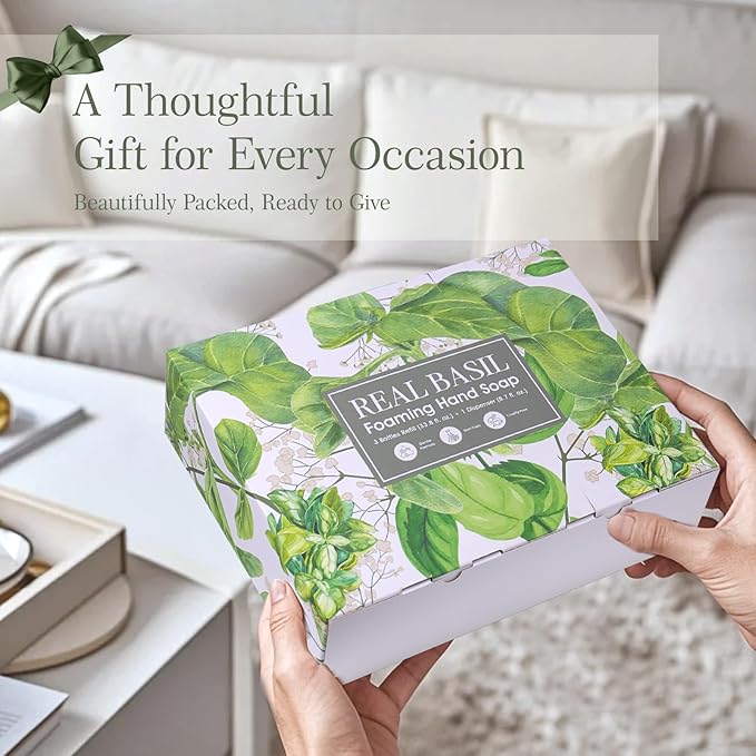 ROMIIE ZOI Basil Foaming Hand Soap Refill Gift Set – 3 Pack (33.8 Fl Oz Each) with Refillable Dispenser – Gentle, Moisturizing, Plant-Based Formula – Bulk Refill Bottles for Bathroom & Kitchen Use