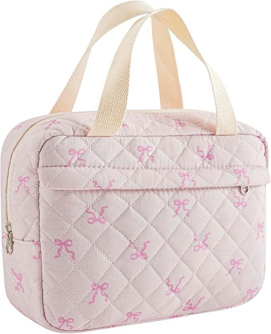 Large Size Quilted Coquette Makeup Bag, Cute Preppy Floral Cotton Travel Cosmetic Organizer Bag with Top Handle, Multi-Layer Travel Toiletry Pouch for Girls(06Small Pink Bow)