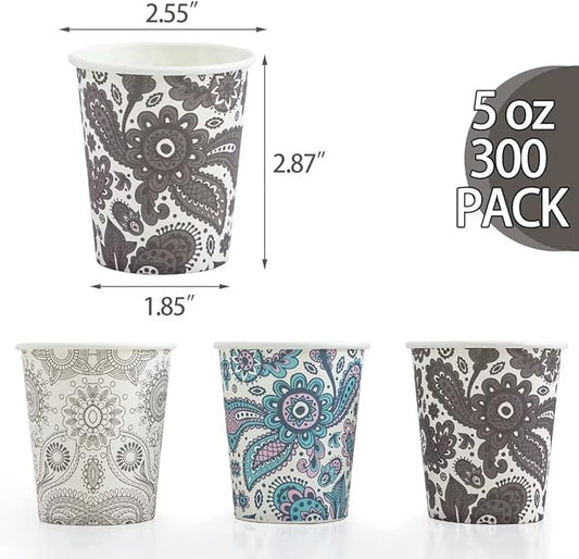 [300 Pack] 5 oz Mini Paper Cups, Small Mouthwash 5 OZ, Disposable Bathroom Cups, Paper Coffee Cups 5 Ounce for Bathroom, Supermarket, Birthday Party, Travel, Events, Picnic, BBQ (Paisley)