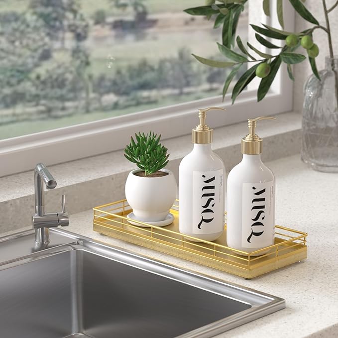 Bathroom Tray for Counter, Oak Wooden 11.2" L Decorative Vanity Tray for Dresser Tops, Kitchen Countertop Organizer, Gold Brushing