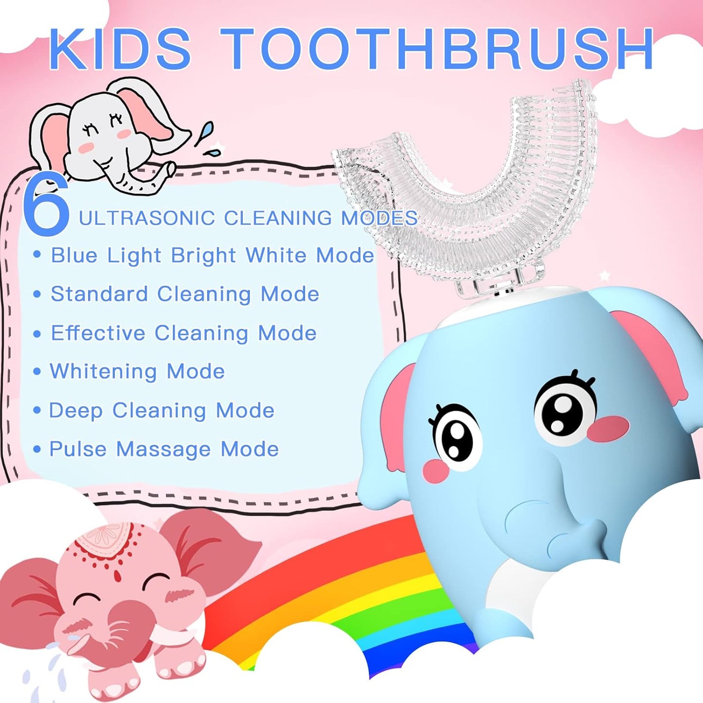 Kids Electric U Shaped Toothbrush Children Rechargeable Sonic Toothbrush with 4 Brush Heads Full Mouth 6 Cleaning Modes - (Age 2-7 Blue)