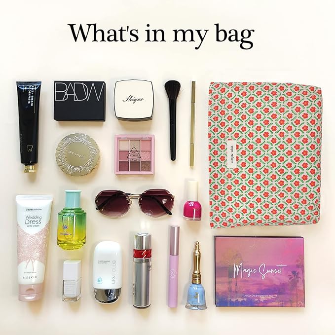 STARDW Aesthetic Floral Makeup Bag Cute Small Cosmetic Bags for Women Girls, Travel Toiletry Bag Large Capacity Zipper Makeup Pouch, Purse Organizer Pouches (Red Floral)