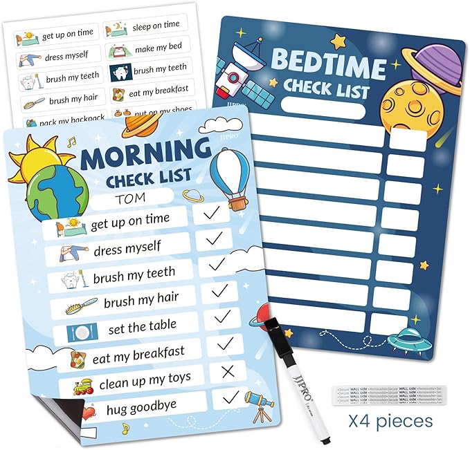 JJPRO Bedtime/Morning Routine Chart - Magnetic Daily Schedule Board for Kids - Outer Space