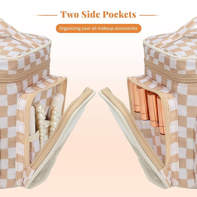 Large Makeup Bag, Portable Travel Makeup Bag Organizer for Women Girls with Makeup Brush Compartment & Two Side Pockets, Cosmetic Travel Bag Vertical Storage Toiletry- Checkerboard