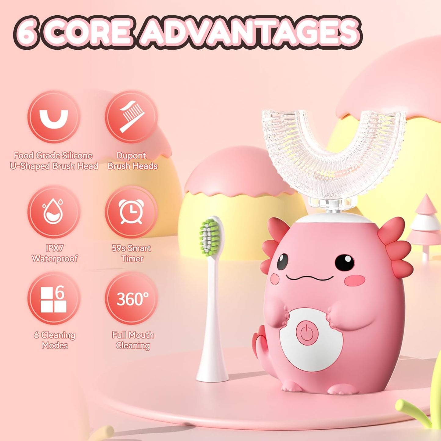 Kids Electric U Shaped Toothbrush - Axolotl Kids Rechargeable Sonic Toothbrush with 6 Brush Heads Full Mouth 6 Cleaning Modes - Age2-15 Pink