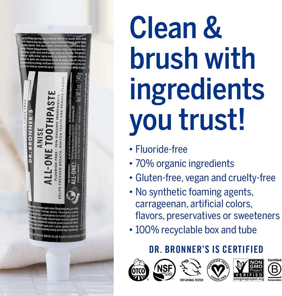 Dr. Bronner’s - All-One Toothpaste (Anise, 5 Ounce, 3-Pack) - 70% Organic Ingredients, Natural and Effective, Fluoride-Free, SLS-Free, Helps Freshen Breath, Reduce Plaque, Whiten Teeth, Vegan