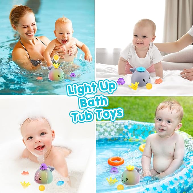 Gigilli Baby Bath Toys with 4 Modes, Bath Toys for Kids Ages 1-3, 1 Year Old Boy Girl Gifts Christmas Stocking Stuffers for Babies 6-12-18 Months, Light Up Whale Bath Toy Toddler Birthday Bathtub Toy