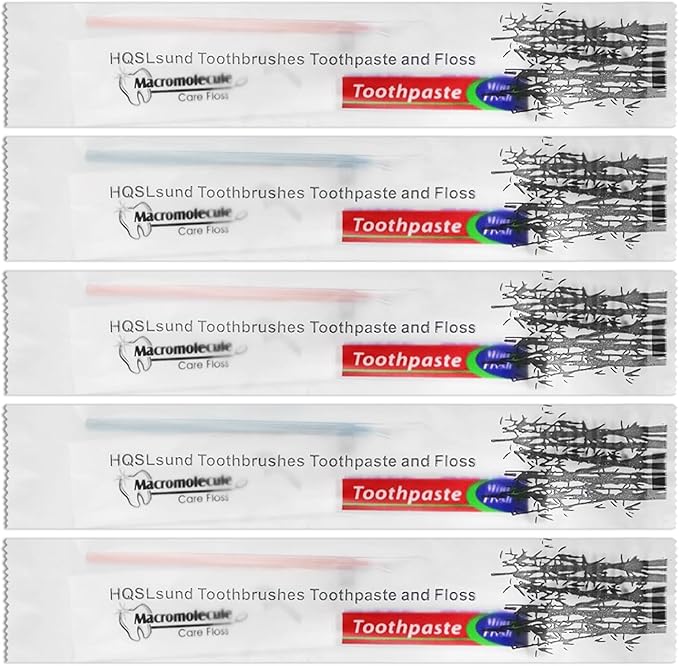 50 Pack Disposable Toothbrushes with Toothpaste Floss Individually Wrapped, 2 Color Toothbrush,10g Toothpaste,Floss Pick,Bulk Toothbrush Kit for Homeless,Airbnb,Hotel,Guest