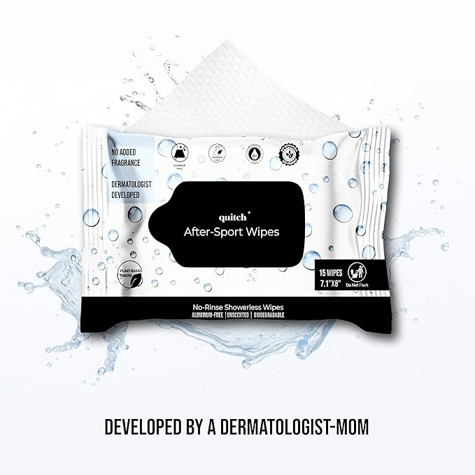 Quitch After-Sport Wipe Unscented Shower-Free Body Wipe for Kids & Baby, No Rinse, Underarm Aluminum-Free Natural Deodorant, Non-Toxic Sensitive Skin Towelettes, Travel-Friendly Camping Essential