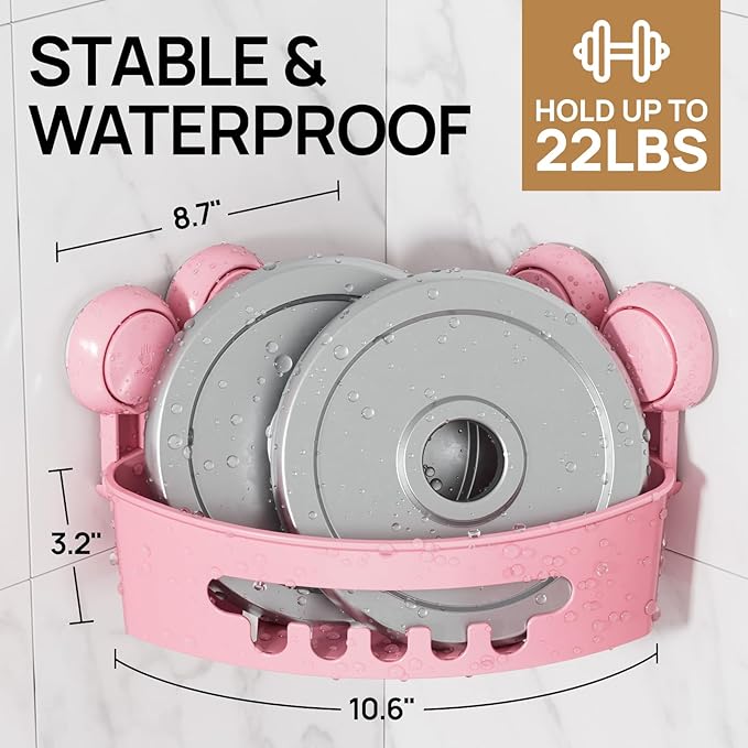 LEVERLOC Corner Shower Caddy Suction Cup, Powerful Suction Bathroom Shower Shelf, Waterproof and Rustproof Organizer for Bathroom Storage and Kitchen, No-Drilling Removable, Pink