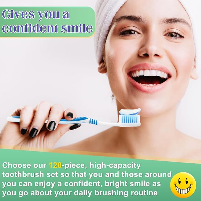 120 Pcs Toothbrush Bulk Disposable, Travel Toothbrushes Pack, Soft Bristle Individually Wrapped and Good Cleaning for Kids, Adult and The Elderly. Suitable for Hotel, Travel, Home, Donated