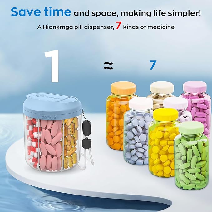 Pill Dispenser with 7 Large Compartments, 4.4" H x 3.6" Dia Pill Bottle Organizer for Travel, Supplement Organizer with Anti-Mixing Design, BPA-Free Pill Container with 20 Pcs Labels Blue