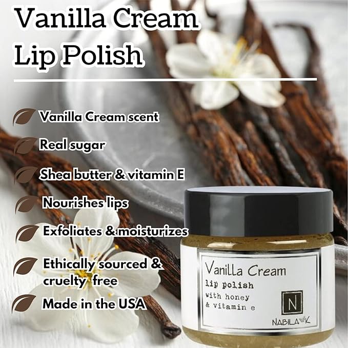 Vanilla Cream Lip Polish, 1 oz by Nabila K - Hydrating Lip Exfoliator & Moisturizer with Honey and Vitamin E for Dry and Chapped Lips - Cruelty-Free, Real Sugar, Made in USA