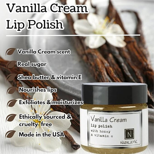 Vanilla Cream Lip Polish, 1 oz by Nabila K - Hydrating Lip Exfoliator & Moisturizer with Honey and Vitamin E for Dry and Chapped Lips - Cruelty-Free, Real Sugar, Made in USA