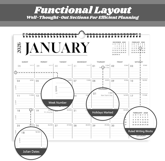 2026 Calendar, Wall Calendar 2026-2027, 18 Month Calendar January 2026 - June 2027, 14.8" X 11.5", Calendar with Twin-Wire Binding, Hanging Hook and Julian Dates (White)