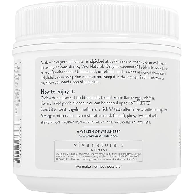 Viva Naturals Organic Coconut Oil, 32 fl oz – Unrefined, Cold-Pressed Extra Virgin Coconut Oil, USDA Organic & Non-GMO, Natural Cooking Oil, Hair Oil & Skin Oil