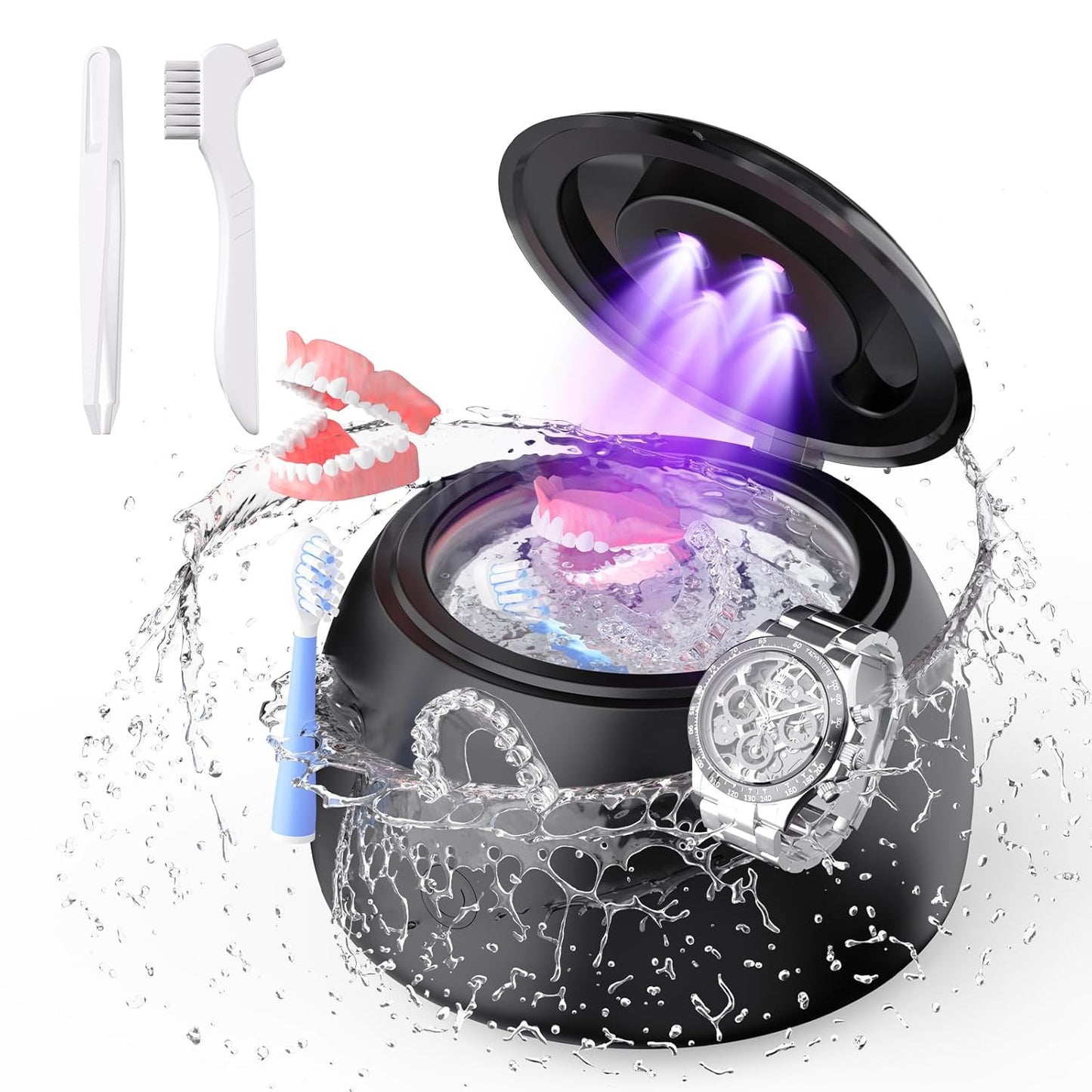 45KHz Ultrasonic Retainer Cleaner Machine, 230ML UV Cleaner for Retainer, Denture, Mouth Guard, Aligner, Braces, Toothbrush & Jewelry | 3 Digital Timer Modes | Black