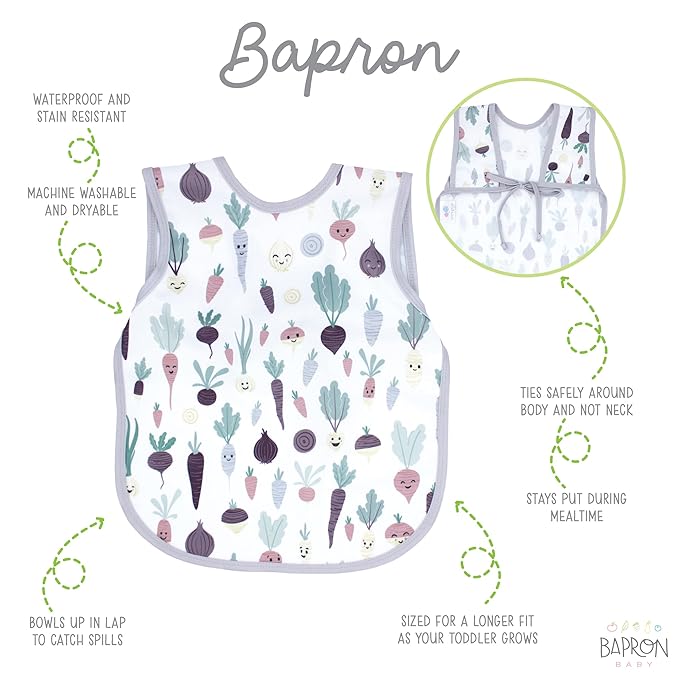 BapronBaby Root Veggies Bapron - No Neck Tie Safer Bib for Baby & Toddler - Soft Waterproof Stain Resistant - Machine Washable - Sz Preschool 3-5yrs
