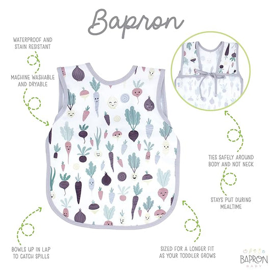 BapronBaby Root Veggies Bapron - No Neck Tie Safer Bib for Baby & Toddler - Soft Waterproof Stain Resistant - Machine Washable - Sz Preschool 3-5yrs