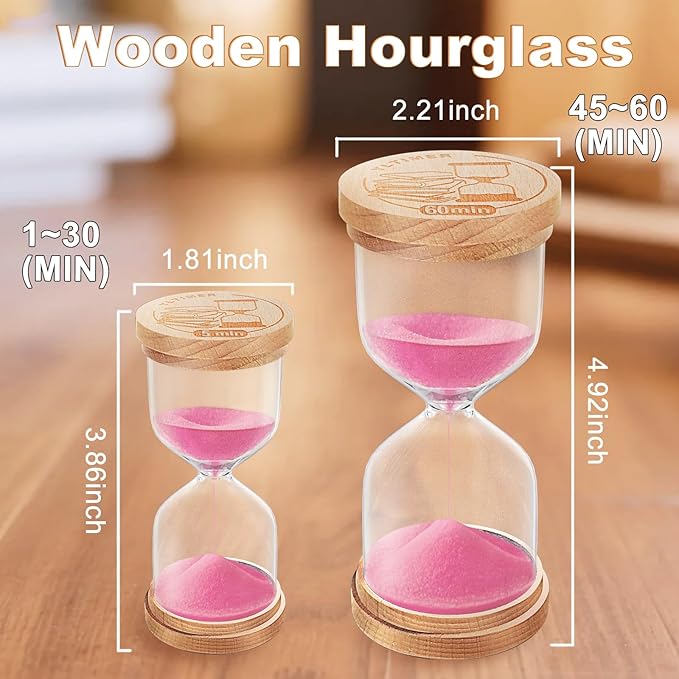 5 Minute Sand Timer, Wooden Hourglass Hour Glass Timer, Small Pink Sand Clock, Mini Sand Watch 5 Min for Kids, Toothbrush, Classroom, Games (Pink)