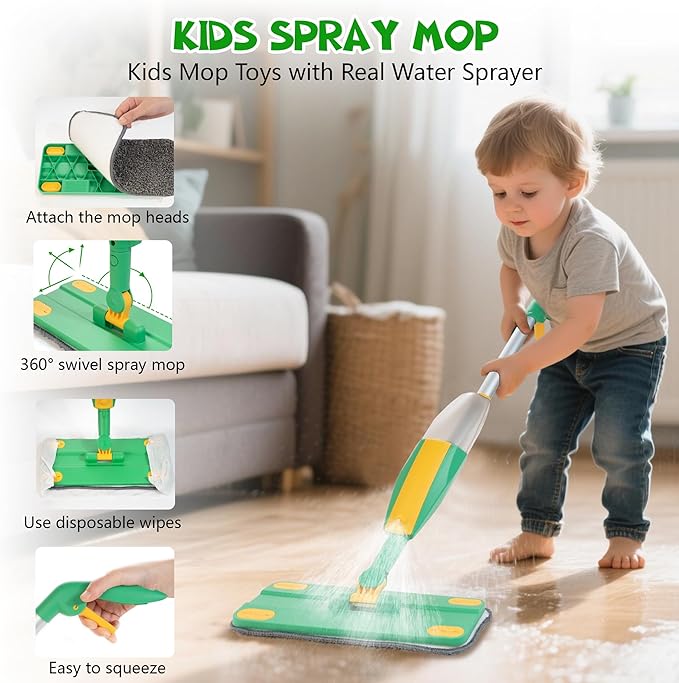 Wooden Kids Cleaning Set with Spray Mop, Montessori Cleaning Toys Real Water Sprayer and Toddler Broom Mop Set, Housework Pretend Play Toy Gift for Boys Girls Ages 3+
