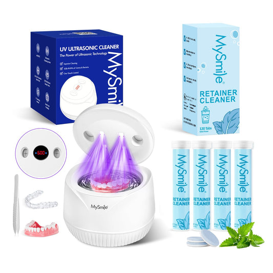 MySmile Ultrasonic Retainer Cleaner Machine with Tablets- 45kHz White Dental Pod with 200ML Capacity and MySmile Retainer Cleaner with 120 Denture Cleaning Mint Flavor Tablets