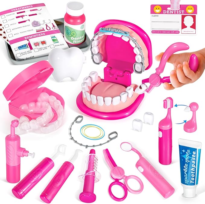 ULOVEME Kids Dentist Play Set Pink with Braces /Removable Teeth /Retainer - Doctor Kit for Toddlers 3-5 - Educational Toys for 4+ Year Old Girls - Pretend Play Toy for Ages 5-7 (Fushia)