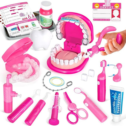 ULOVEME Kids Dentist Play Set Pink with Braces /Removable Teeth /Retainer - Doctor Kit for Toddlers 3-5 - Educational Toys for 4+ Year Old Girls - Pretend Play Toy for Ages 5-7 (Fushia)