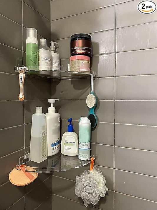 JiePai Acrylic Corner Shower Caddy Shelf with Hooks 2 Pack, Adhesive Wall Mounted Bathroom Shower Organizer for Inside Shower & Kitchen Storage, Space-Saving Design