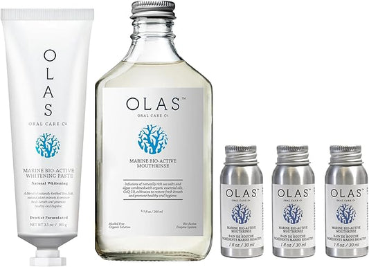 OLAS Complete Oral Care Collection – Marine Bio-Active Toothpaste (3.5oz), Alcohol-Free Mouthwash (200ml), & Travel 3-Pack (1oz Each) – Dentist-Formulated, Fluoride-Free & SLS-Free