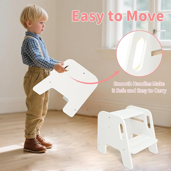 WOOD CITY Toddler Step Stool, Wooden 2 Step Stools for Bathroom Sink Potty Training Kitchen Dual Height Stool Helper for Kids Bonus Non-Slip Pads and Handles for Safety (2 Pack White)